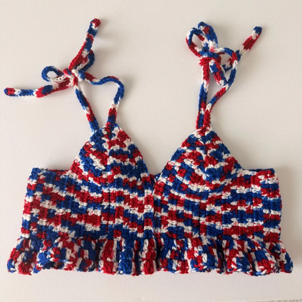 Handmade Americana Patriotic Crochet Ruffle Bralette forth of july 4 USA